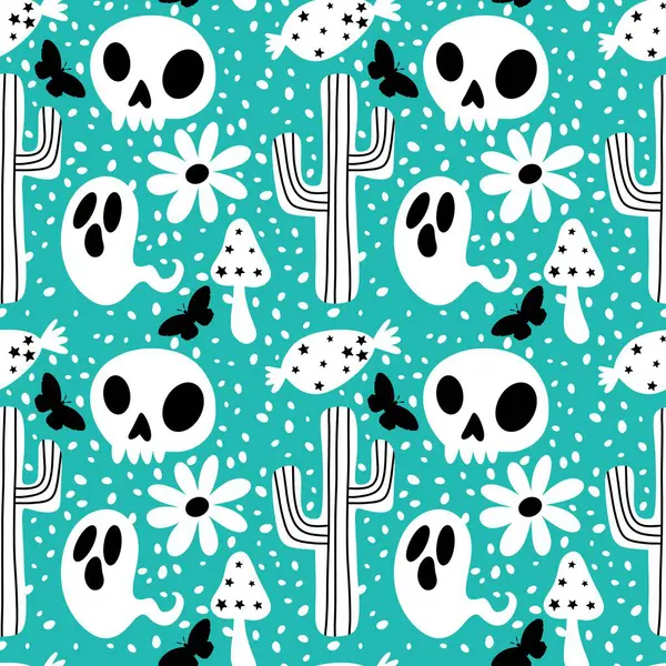 Cadılar Bayramı hayaletleri kağıt, kumaş, çarşaf ve çocuk giysileri baskısı, ambalaj ve şenlikli aksesuarlar için kusursuz çizgi film desenleri. Yüksek kaliteli illüstrasyon