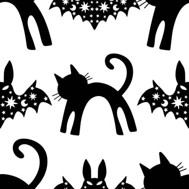 Cadılar Bayramı hayvanları kağıt, kumaş, çarşaf ve çocuk kıyafetleri ve parti aksesuarları için kusursuz kedi desenleri. Yüksek kaliteli illüstrasyon