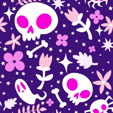 Cadılar Bayramı hayaletleri kağıt, kumaş, çarşaf ve çocuk giysileri baskısı, ambalaj ve şenlikli aksesuarlar için kusursuz çizgi film desenleri. Yüksek kaliteli illüstrasyon