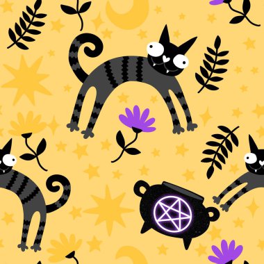 Cadılar Bayramı hayvanları kağıt, kumaş, çarşaf ve çocuk kıyafetleri ve parti aksesuarları için kusursuz kedi desenleri. Yüksek kaliteli illüstrasyon