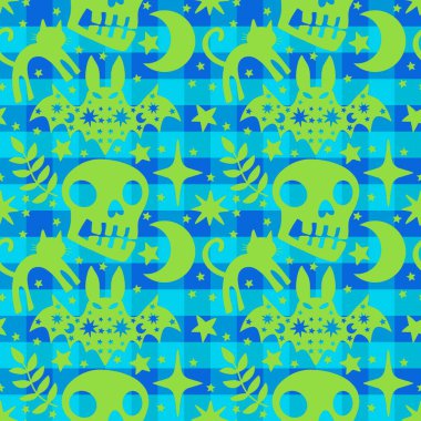 Cadılar Bayramı hayvanları kağıt, kumaş, çarşaf ve çocuk kıyafetleri ve parti aksesuarları için kusursuz kedi desenleri. Yüksek kaliteli illüstrasyon