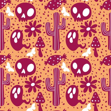 Cadılar Bayramı hayaletleri kağıt, kumaş, çarşaf ve çocuk giysileri baskısı, ambalaj ve şenlikli aksesuarlar için kusursuz çizgi film desenleri. Yüksek kaliteli illüstrasyon