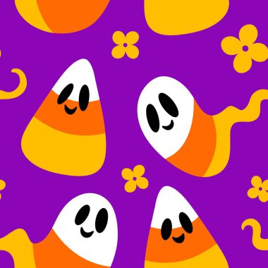 Çizgi film cadılar bayramı şeker canavarları kağıt, kumaş, çarşaf ve çocuk giysileri baskısı ve parti aksesuarları ve paketleme için kusursuz şekerleme kalıpları. Yüksek kaliteli illüstrasyon