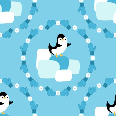 Noel hayvanları kağıt, kumaş, çarşaf, çocuk giysisi baskısı, yeni yıl ambalajı ve Noel kış ambalajı için kusursuz penguen desenleri. Yüksek kaliteli illüstrasyon