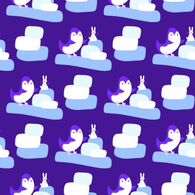 Noel hayvanları kağıt, kumaş, çarşaf, çocuk giysisi baskısı, yeni yıl ambalajı ve Noel kış ambalajı için kusursuz penguen desenleri. Yüksek kaliteli illüstrasyon