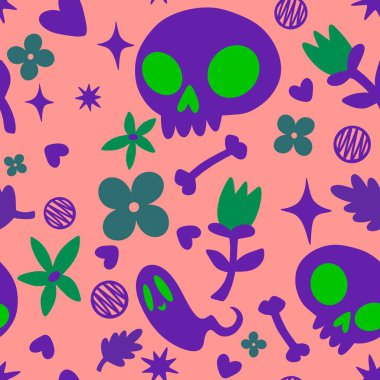 Cadılar Bayramı hayaletleri kağıt, kumaş, çarşaf ve çocuk giysileri baskısı, ambalaj ve şenlikli aksesuarlar için kusursuz çizgi film desenleri. Yüksek kaliteli illüstrasyon