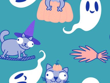 Cadılar Bayramı hayvanları kağıt, kumaş, çarşaf ve çocuk kıyafetleri ve parti aksesuarları için kusursuz kedi desenleri. Yüksek kaliteli illüstrasyon