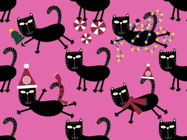 Çizgi filmlerdeki komik kediler ambalajsız Noel desenleri ve çocuk giysileri baskısı ve şenlikli ambalajlar ve kumaşlar ve çarşaflar ve yeni yıl ve Noel. Yüksek kaliteli illüstrasyon