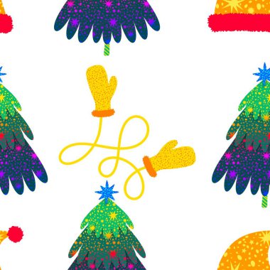 Noel ağacı kağıtları, kumaşlar, çarşaflar, yeni yıl ambalajları, çocuk giysileri baskısı ve Noel partisi aksesuarları için kusursuz kış oyuncakları deseni. Yüksek kaliteli illüstrasyon