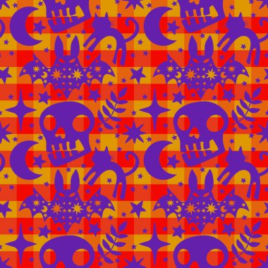 Cadılar Bayramı hayvanları kağıt, kumaş, çarşaf ve çocuk kıyafetleri ve parti aksesuarları için kusursuz kedi desenleri. Yüksek kaliteli illüstrasyon