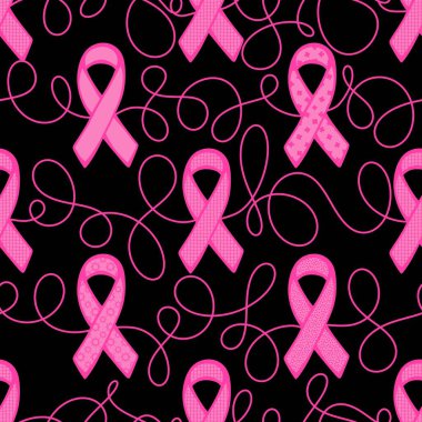 Göğüs kanseri ayı, ambalaj kağıdı, tıbbi aksesuar ve ilaç tekstili için kusursuz pembe kurdele günü deseni. Yüksek kaliteli illüstrasyon