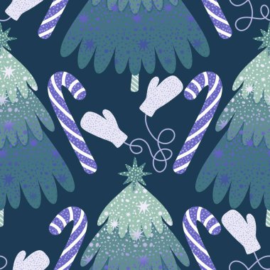 Noel ağacı kağıtları, kumaşlar, çarşaflar, yeni yıl ambalajları, çocuk giysileri baskısı ve Noel partisi aksesuarları için kusursuz kış oyuncakları deseni. Yüksek kaliteli illüstrasyon