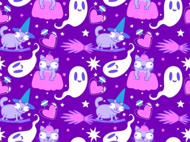 Cadılar Bayramı hayvanları kağıt, kumaş, çarşaf ve çocuk kıyafetleri ve parti aksesuarları için kusursuz kedi desenleri. Yüksek kaliteli illüstrasyon