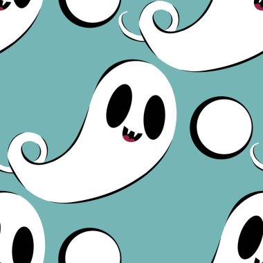 Cadılar Bayramı hayaletleri kağıt, kumaş, çarşaf ve çocuk giysileri baskısı, ambalaj ve şenlikli aksesuarlar için kusursuz çizgi film desenleri. Yüksek kaliteli illüstrasyon