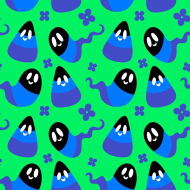 Çizgi film cadılar bayramı şeker canavarları kağıt, kumaş, çarşaf ve çocuk giysileri baskısı ve parti aksesuarları ve paketleme için kusursuz şekerleme kalıpları. Yüksek kaliteli illüstrasyon