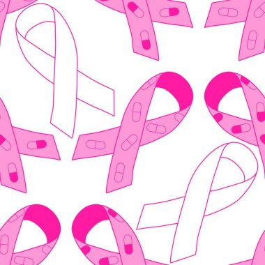 Göğüs kanseri ayı, ambalaj kağıdı, tıbbi aksesuar ve ilaç tekstili için kusursuz pembe kurdele günü deseni. Yüksek kaliteli illüstrasyon