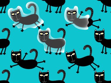 Cadılar Bayramı hayvanları kağıt, kumaş, çarşaf ve çocuk kıyafetleri ve parti aksesuarları için kusursuz kedi desenleri. Yüksek kaliteli illüstrasyon