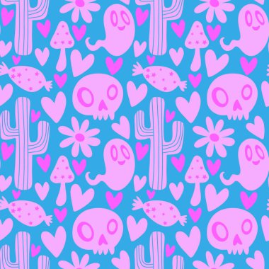 Cadılar Bayramı hayaletleri kağıt, kumaş, çarşaf ve çocuk giysileri baskısı, ambalaj ve şenlikli aksesuarlar için kusursuz çizgi film desenleri. Yüksek kaliteli illüstrasyon