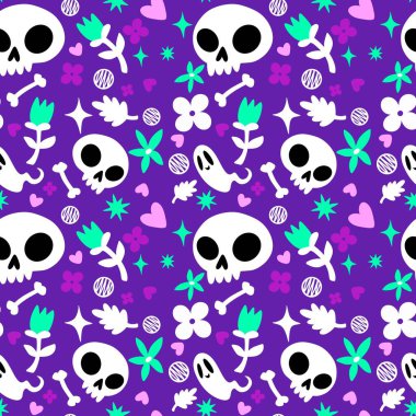 Cadılar Bayramı hayaletleri kağıt, kumaş, çarşaf ve çocuk giysileri baskısı, ambalaj ve şenlikli aksesuarlar için kusursuz çizgi film desenleri. Yüksek kaliteli illüstrasyon