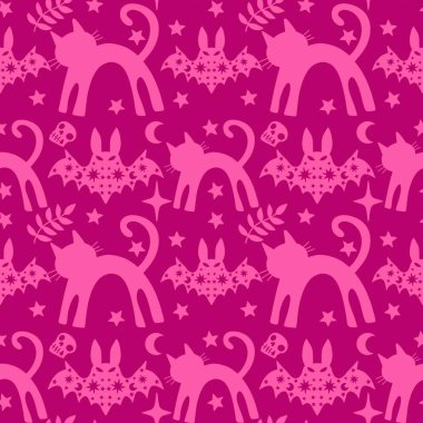 Cadılar Bayramı hayvanları kağıt, kumaş, çarşaf ve çocuk kıyafetleri ve parti aksesuarları için kusursuz kedi desenleri. Yüksek kaliteli illüstrasyon