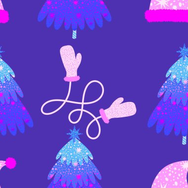 Noel ağacı kağıtları, kumaşlar, çarşaflar, yeni yıl ambalajları, çocuk giysileri baskısı ve Noel partisi aksesuarları için kusursuz kış oyuncakları deseni. Yüksek kaliteli illüstrasyon