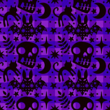 Cadılar Bayramı hayvanları kağıt, kumaş, çarşaf ve çocuk kıyafetleri ve parti aksesuarları için kusursuz kedi desenleri. Yüksek kaliteli illüstrasyon