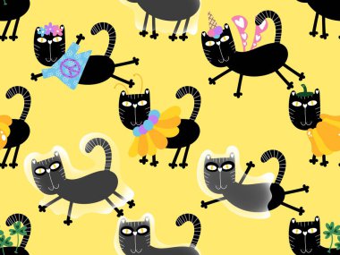 Cadılar Bayramı hayvanları kağıt, kumaş, çarşaf ve çocuk kıyafetleri ve parti aksesuarları için kusursuz kedi desenleri. Yüksek kaliteli illüstrasyon