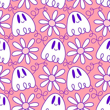 Cadılar Bayramı hayaletleri kağıt, kumaş, çarşaf ve çocuk giysileri baskısı, ambalaj ve şenlikli aksesuarlar için kusursuz çizgi film desenleri. Yüksek kaliteli illüstrasyon