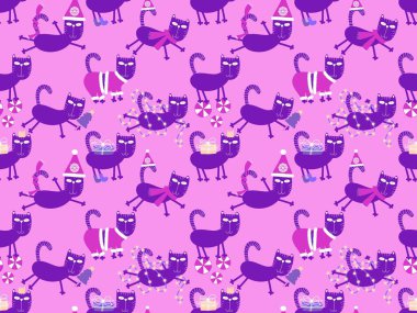 Çizgi filmlerdeki komik kediler ambalajsız Noel desenleri ve çocuk giysileri baskısı ve şenlikli ambalajlar ve kumaşlar ve çarşaflar ve yeni yıl ve Noel. Yüksek kaliteli illüstrasyon