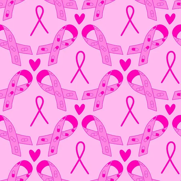 Göğüs kanseri ayı, ambalaj kağıdı, tıbbi aksesuar ve ilaç tekstili için kusursuz pembe kurdele günü deseni. Yüksek kaliteli illüstrasyon