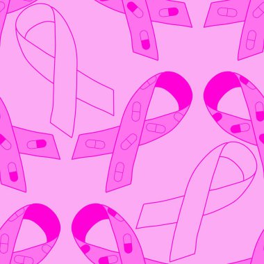 Göğüs kanseri ayı, ambalaj kağıdı, tıbbi aksesuar ve ilaç tekstili için kusursuz pembe kurdele günü deseni. Yüksek kaliteli illüstrasyon