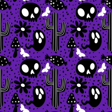 Cadılar Bayramı hayaletleri kağıt, kumaş, çarşaf ve çocuk giysileri baskısı, ambalaj ve şenlikli aksesuarlar için kusursuz çizgi film desenleri. Yüksek kaliteli illüstrasyon