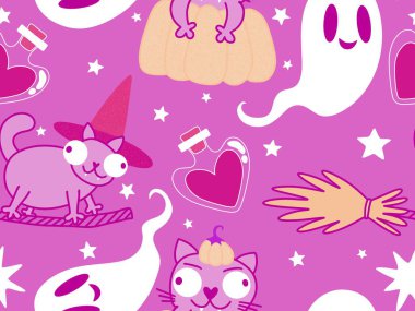 Cadılar Bayramı hayvanları kağıt, kumaş, çarşaf ve çocuk kıyafetleri ve parti aksesuarları için kusursuz kedi desenleri. Yüksek kaliteli illüstrasyon