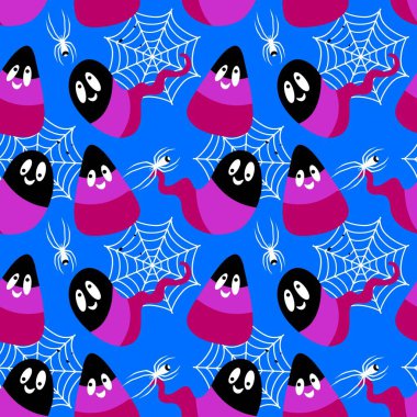 Çizgi film cadılar bayramı şeker canavarları kağıt, kumaş, çarşaf ve çocuk giysileri baskısı ve parti aksesuarları ve paketleme için kusursuz şekerleme kalıpları. Yüksek kaliteli illüstrasyon