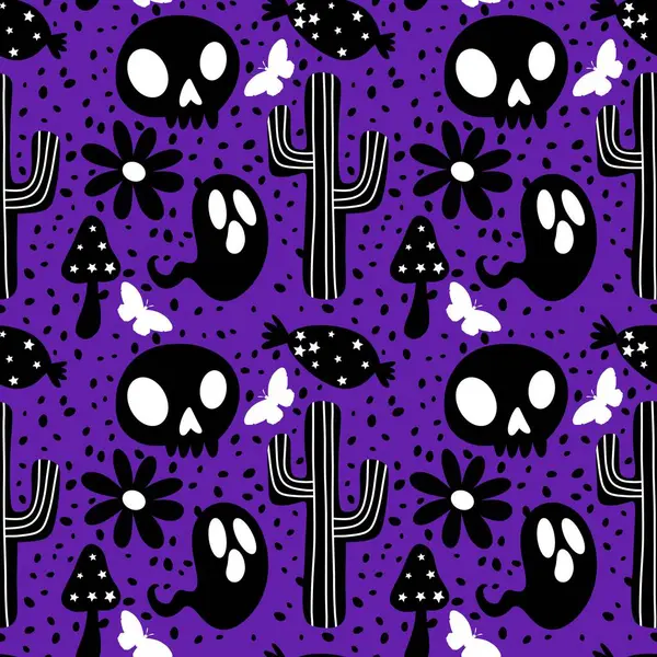 Cadılar Bayramı hayaletleri kağıt, kumaş, çarşaf ve çocuk giysileri baskısı, ambalaj ve şenlikli aksesuarlar için kusursuz çizgi film desenleri. Yüksek kaliteli illüstrasyon