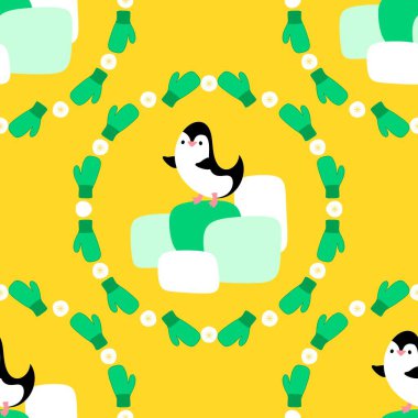 Noel hayvanları kağıt, kumaş, çarşaf, çocuk giysisi baskısı, yeni yıl ambalajı ve Noel kış ambalajı için kusursuz penguen desenleri. Yüksek kaliteli illüstrasyon