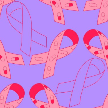 Göğüs kanseri ayı, ambalaj kağıdı, tıbbi aksesuar ve ilaç tekstili için kusursuz pembe kurdele günü deseni. Yüksek kaliteli illüstrasyon