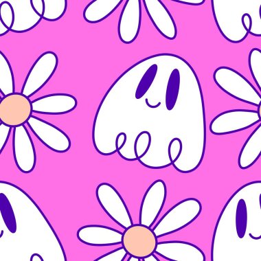 Cadılar Bayramı hayaletleri kağıt, kumaş, çarşaf ve çocuk giysileri baskısı, ambalaj ve şenlikli aksesuarlar için kusursuz çizgi film desenleri. Yüksek kaliteli illüstrasyon