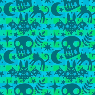 Cadılar Bayramı hayvanları kağıt, kumaş, çarşaf ve çocuk kıyafetleri ve parti aksesuarları için kusursuz kedi desenleri. Yüksek kaliteli illüstrasyon