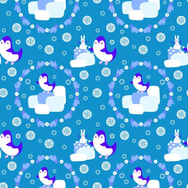 Noel hayvanları kağıt, kumaş, çarşaf, çocuk giysisi baskısı, yeni yıl ambalajı ve Noel kış ambalajı için kusursuz penguen desenleri. Yüksek kaliteli illüstrasyon