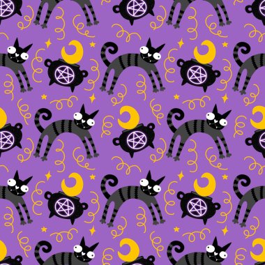 Cadılar Bayramı hayvanları kağıt, kumaş, çarşaf ve çocuk kıyafetleri ve parti aksesuarları için kusursuz kedi desenleri. Yüksek kaliteli illüstrasyon