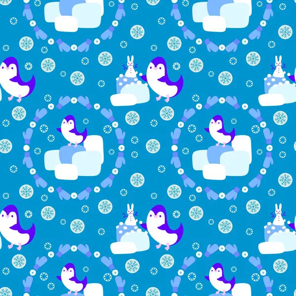 Noel hayvanları kağıt, kumaş, çarşaf, çocuk giysisi baskısı, yeni yıl ambalajı ve Noel kış ambalajı için kusursuz penguen desenleri. Yüksek kaliteli illüstrasyon