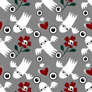 Cadılar Bayramı hayaletleri kağıt, kumaş, çarşaf ve çocuk giysileri baskısı, ambalaj ve şenlikli aksesuarlar için kusursuz çizgi film desenleri. Yüksek kaliteli illüstrasyon