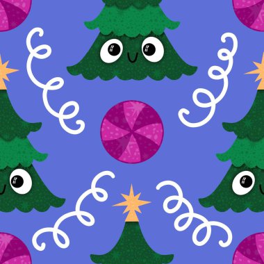 Noel ağacı kağıtları, kumaşlar, çarşaflar, yeni yıl ambalajları, çocuk giysileri baskısı ve Noel partisi aksesuarları için kusursuz kış oyuncakları deseni. Yüksek kaliteli illüstrasyon