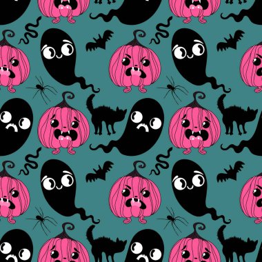 Sonbahar hasadı sebzesiz canavar Cadılar Bayramı balkabağı desenli kağıt, kumaş ve çocuk giysileri baskısı, şenlikli ambalaj ve aksesuarlar. Yüksek kaliteli illüstrasyon