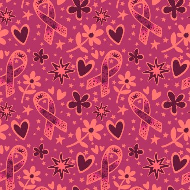 Göğüs kanseri ayı, ambalaj kağıdı, tıbbi aksesuar ve ilaç tekstili için kusursuz pembe kurdele günü deseni. Yüksek kaliteli illüstrasyon