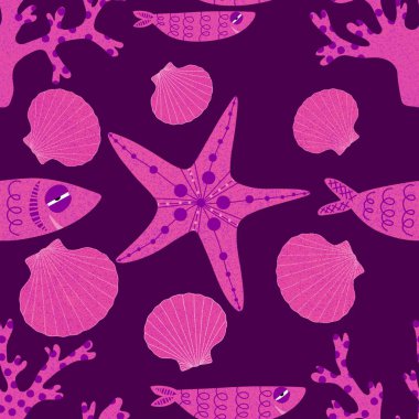 Ambalaj kağıtları, kumaşlar, çarşaflar ve çocuk giysileri baskısı ve yaz partisi aksesuarları ve moda tekstili için okyanussuz desen. Yüksek kaliteli illüstrasyon