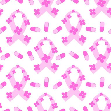 Göğüs kanseri ayı, ambalaj kağıdı, tıbbi aksesuar ve ilaç tekstili için kusursuz pembe kurdele günü deseni. Yüksek kaliteli illüstrasyon