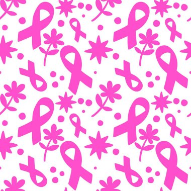 Göğüs kanseri ayı, ambalaj kağıdı, tıbbi aksesuar ve ilaç tekstili için kusursuz pembe kurdele günü deseni. Yüksek kaliteli illüstrasyon