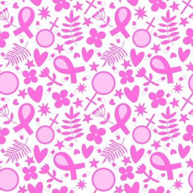Göğüs kanseri ayı, ambalaj kağıdı, tıbbi aksesuar ve ilaç tekstili için kusursuz pembe kurdele günü deseni. Yüksek kaliteli illüstrasyon